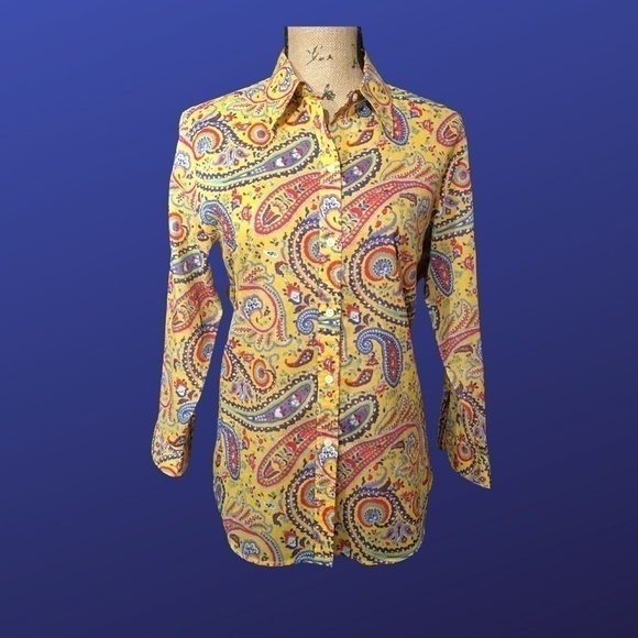 LAUREN RALPH LAUREN 100% Cotton BRIGHT YELLOW PAISLEY Button-down, NWOT, Size L - Picture 1 of 7